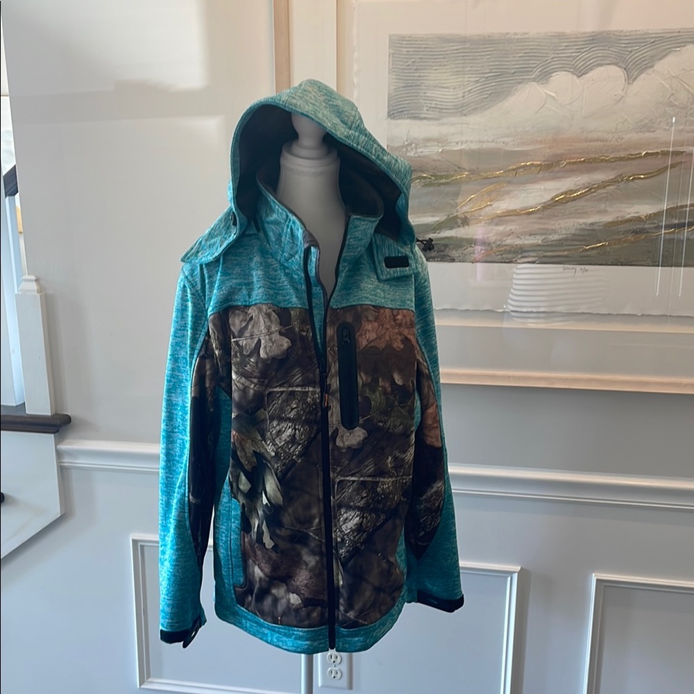 Mossy Oak Teal Camo Softshell Removable Hooded Jacket Waterproof